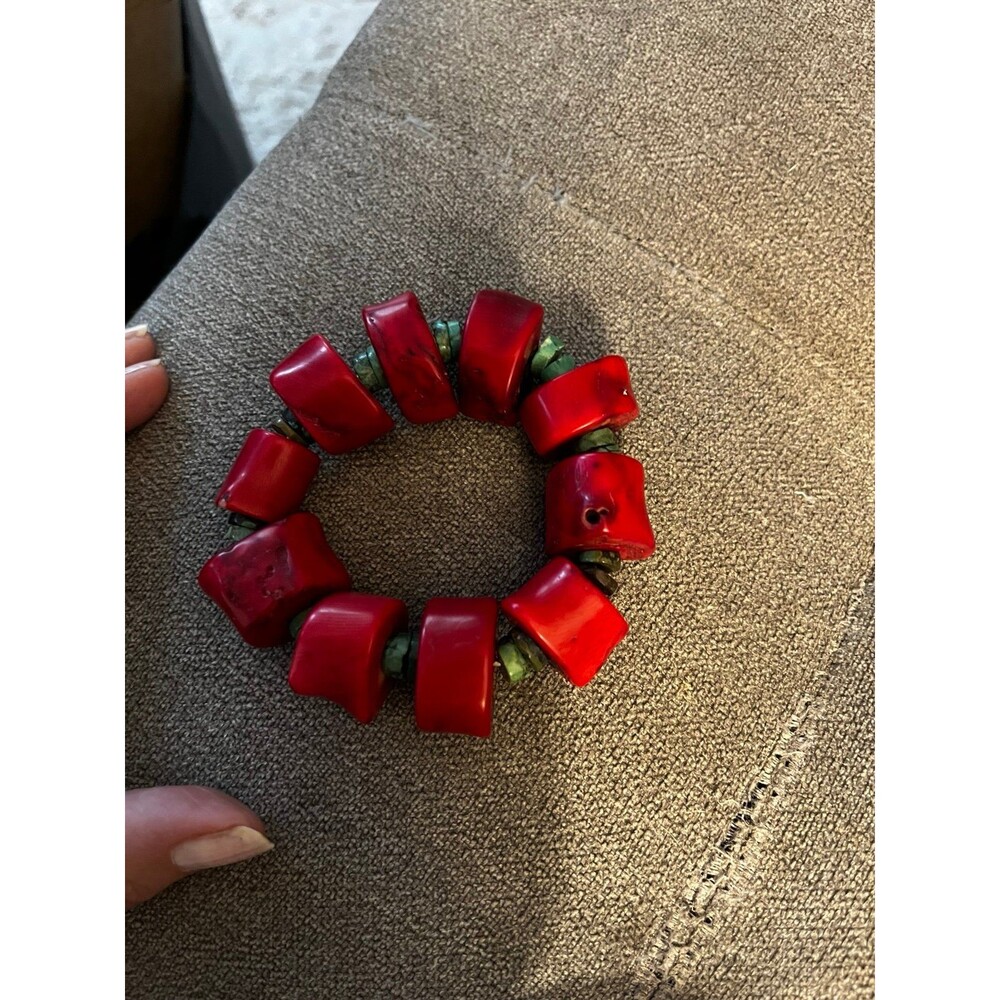 Red Coral & Turquoise Chunky Beaded stretch band Bracelet